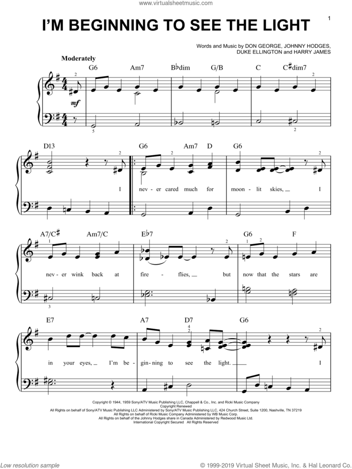 I'm Beginning To See The Light sheet music for piano solo by Duke Ellington, Don George, Harry James and Johnny Hodges, easy skill level