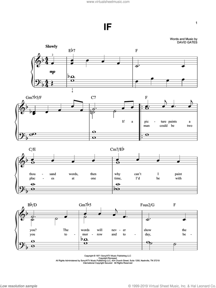 If, (easy) sheet music for piano solo by Bread and David Gates, wedding score, easy skill level