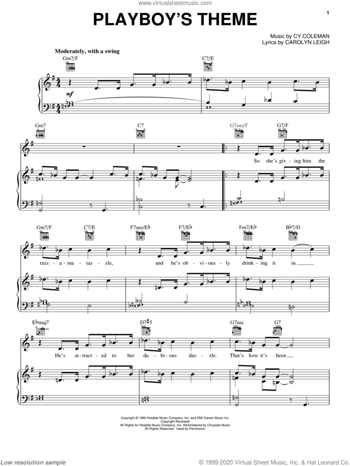 Playboy's Theme sheet music for voice, piano or guitar by Cy Coleman and Carolyn Leigh, intermediate skill level
