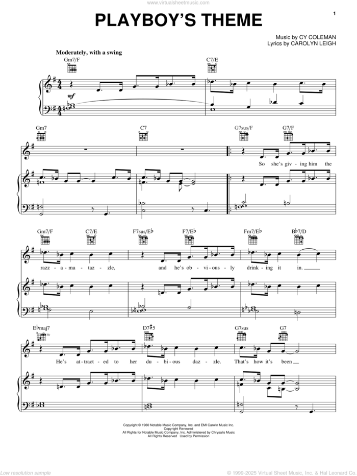 Playboy's Theme sheet music for voice, piano or guitar by Cy Coleman and Carolyn Leigh, intermediate skill level