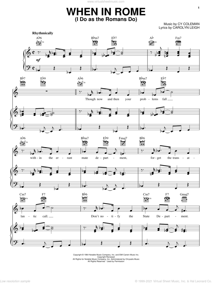 When In Rome (I Do As The Romans Do) sheet music for voice, piano or guitar by Cy Coleman and Carolyn Leigh, intermediate skill level