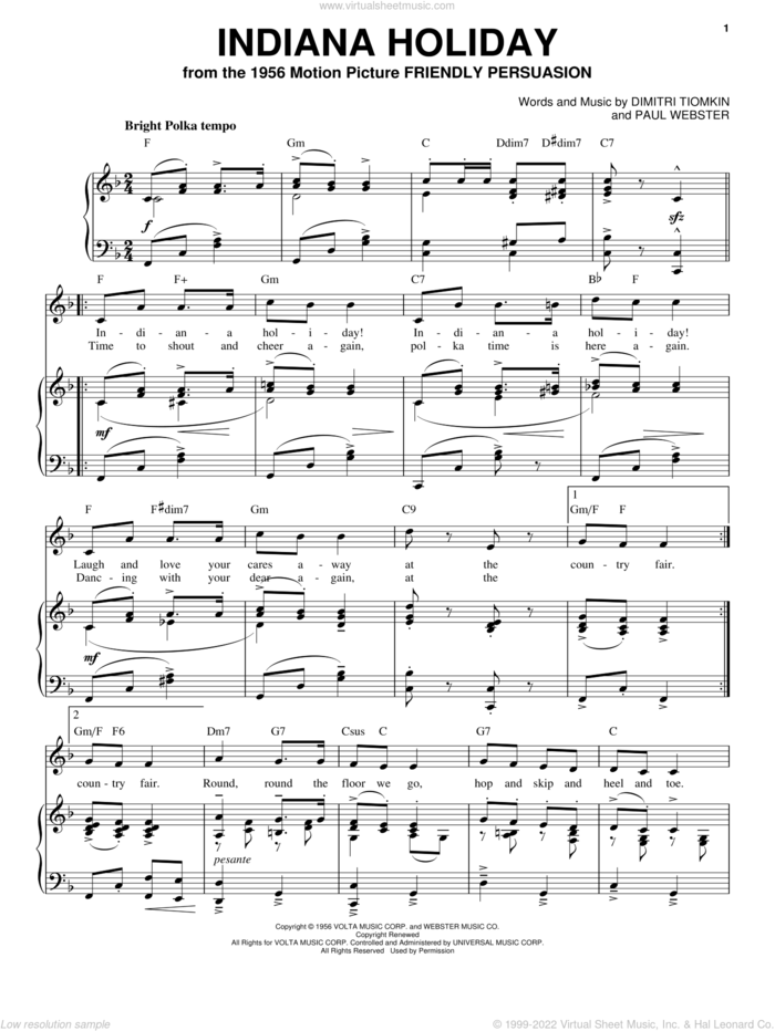 Indiana Holiday sheet music for voice, piano or guitar by Dimitri Tiomkin and Paul Francis Webster, intermediate skill level