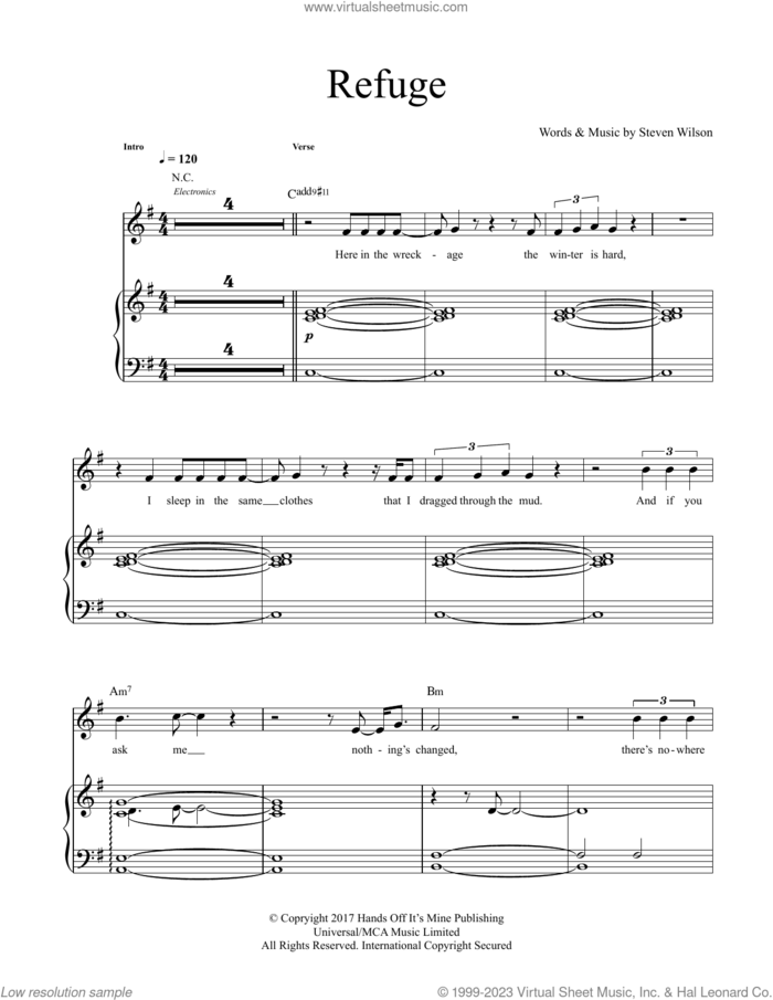 Refuge sheet music for voice and piano by Steven Wilson, intermediate skill level