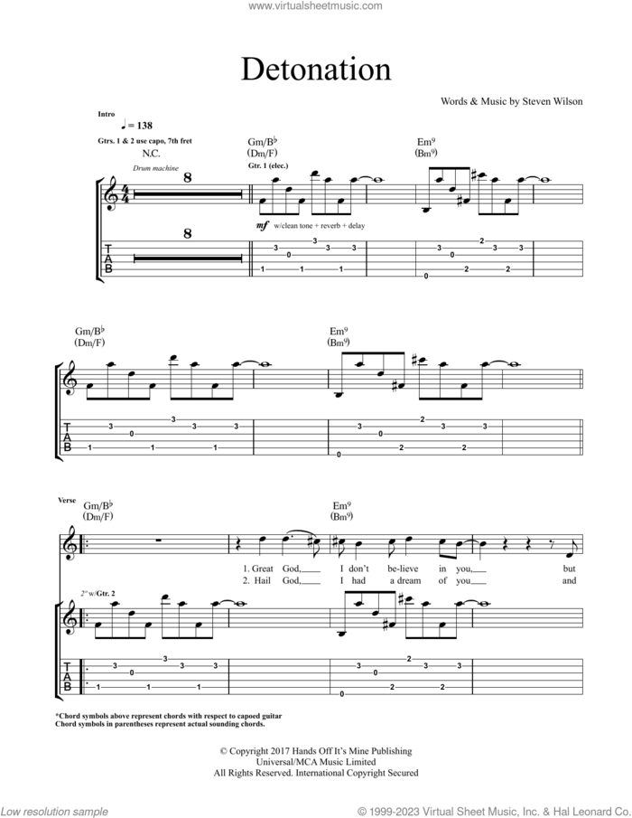 Detonation sheet music for guitar (tablature) by Steven Wilson, intermediate skill level