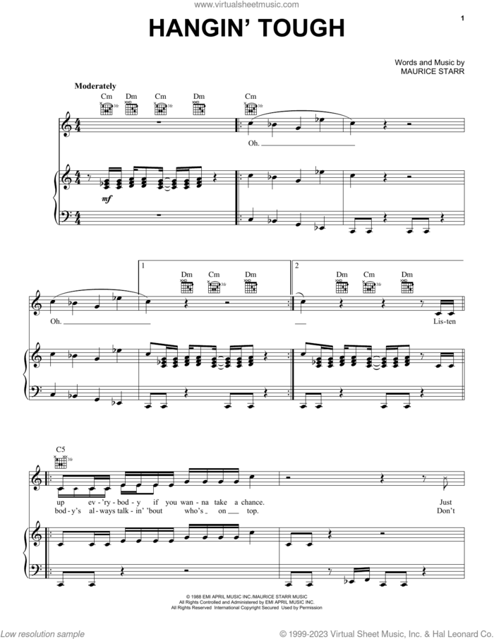 Hangin' Tough sheet music for voice, piano or guitar by New Kids On The Block and Maurice Starr, intermediate skill level