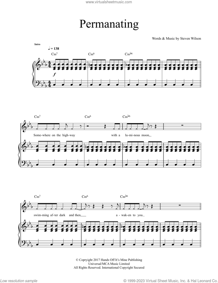 Permanating sheet music for voice and piano by Steven Wilson, intermediate skill level
