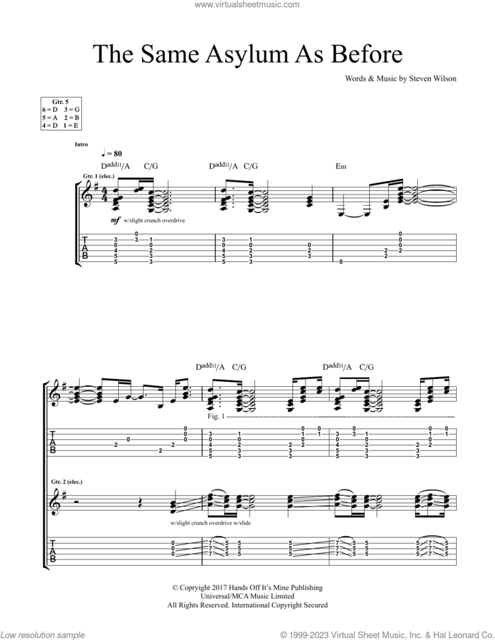 The Same Asylum As Before sheet music for guitar (tablature) by Steven Wilson, intermediate skill level