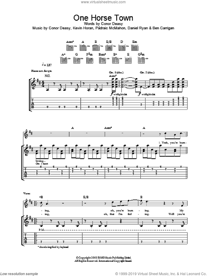 One Horse Town sheet music for guitar (tablature) by The Thrills, intermediate skill level
