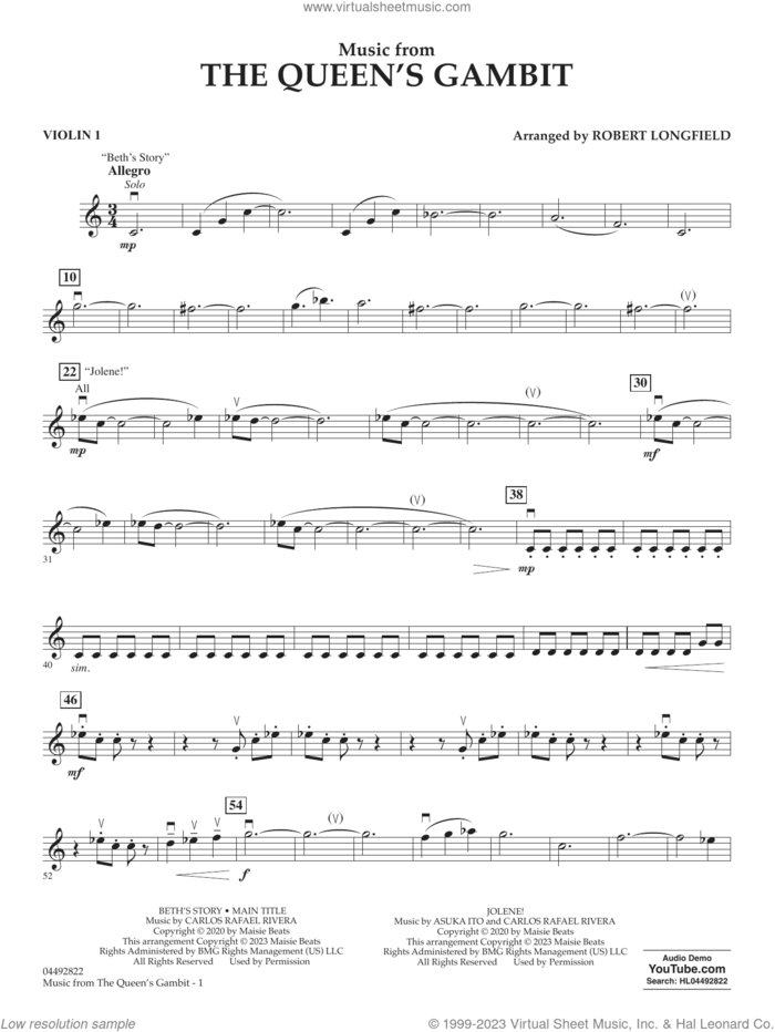 Music from The Queen's Gambit (arr. Longfield) sheet music for orchestra (violin 1) by Carlos Rafael Rivera and Robert Longfield, intermediate skill level