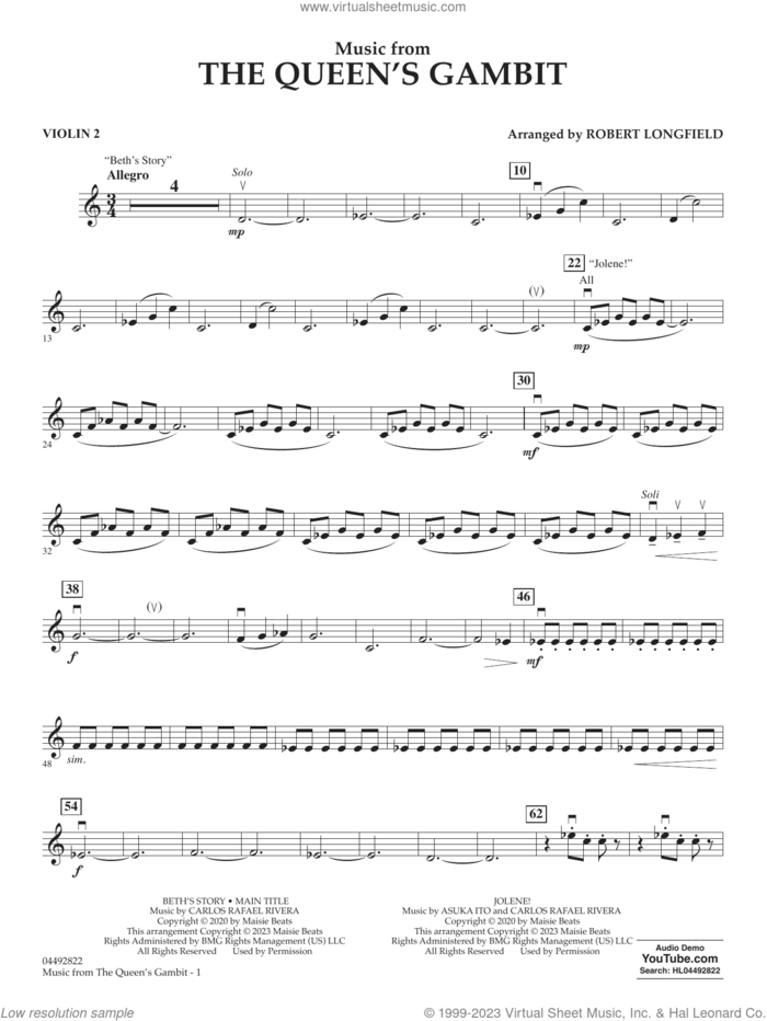 Music from The Queen's Gambit (arr. Longfield) sheet music for orchestra (violin 2) by Carlos Rafael Rivera and Robert Longfield, intermediate skill level