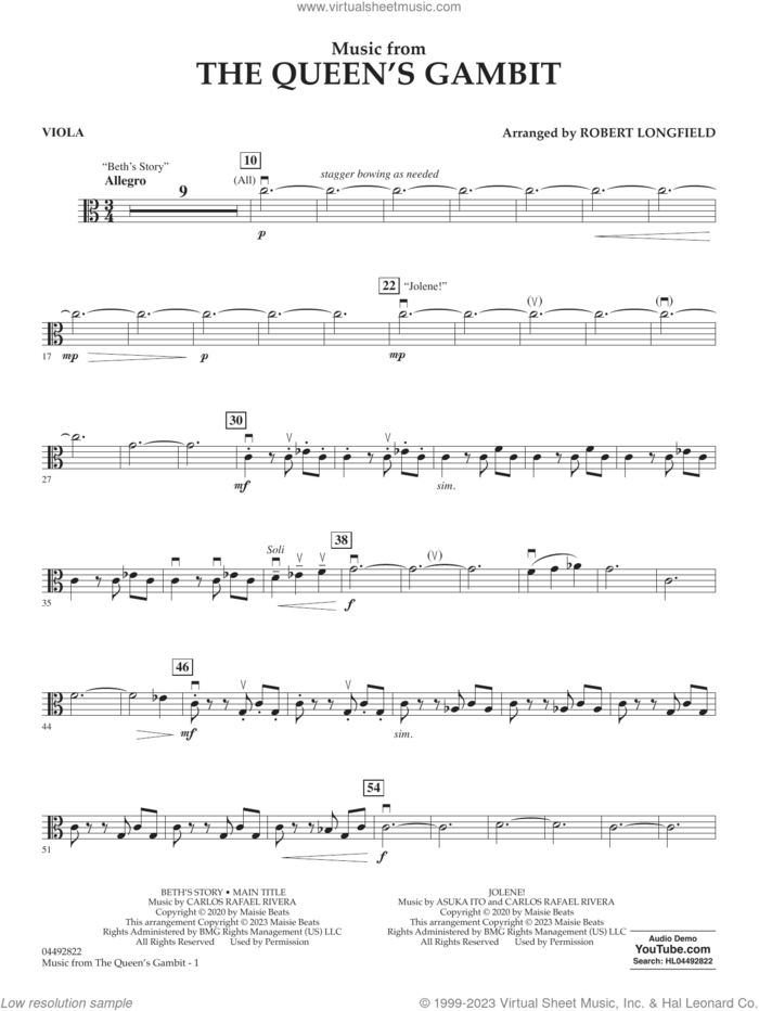 Music from The Queen's Gambit (arr. Longfield) sheet music for orchestra (violin 3, viola treble clef) by Carlos Rafael Rivera and Robert Longfield, intermediate skill level