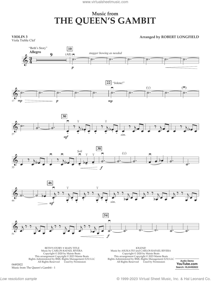 Music from The Queen's Gambit (arr. Longfield) sheet music for orchestra (viola) by Carlos Rafael Rivera and Robert Longfield, intermediate skill level