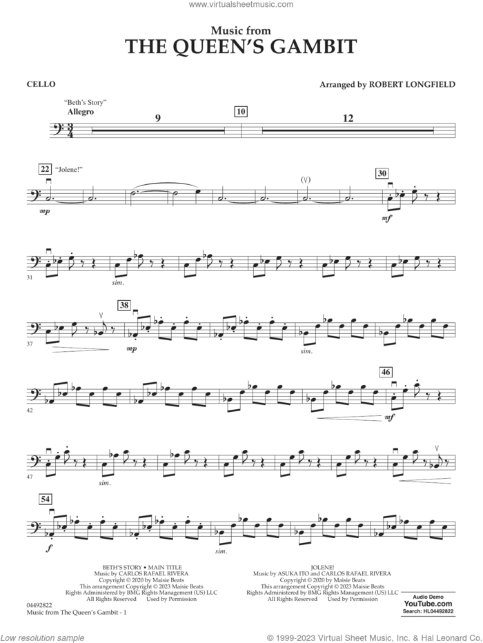 Music from The Queen's Gambit (arr. Longfield) sheet music for orchestra (cello) by Carlos Rafael Rivera and Robert Longfield, intermediate skill level