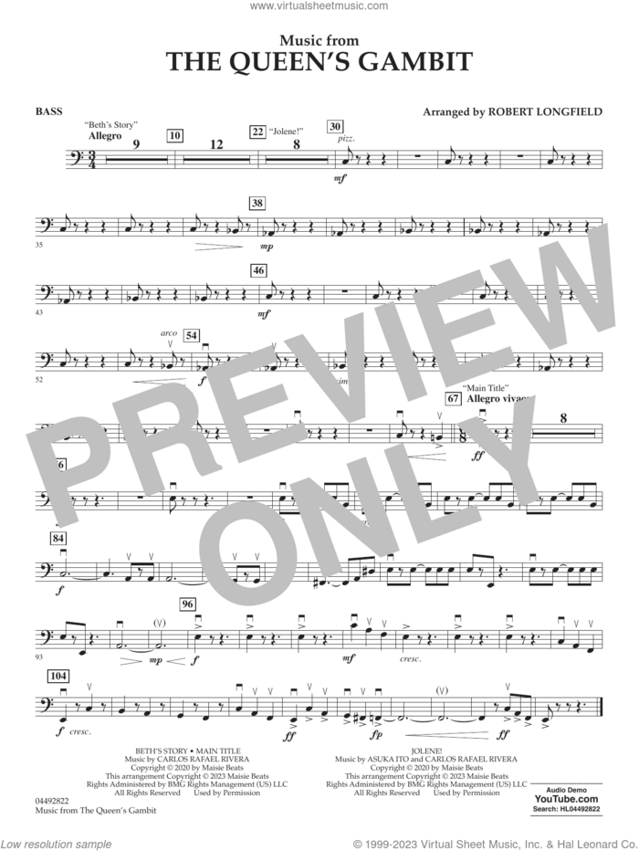 Music from The Queen's Gambit (arr. Longfield) sheet music for orchestra (bass) by Carlos Rafael Rivera and Robert Longfield, intermediate skill level