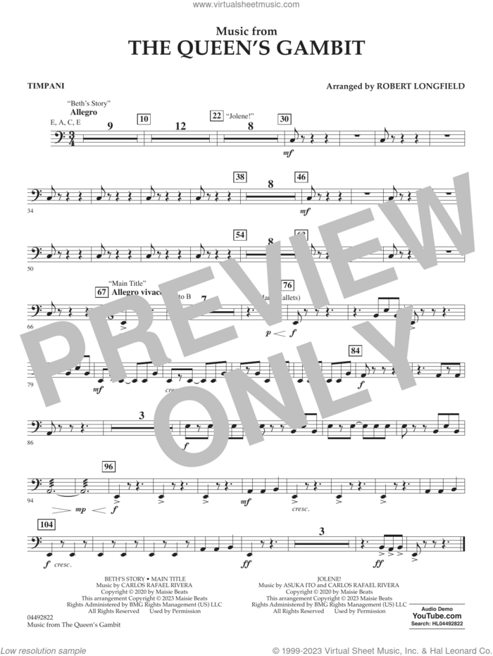 Music from The Queen's Gambit (arr. Longfield) sheet music for orchestra (timpani) by Carlos Rafael Rivera and Robert Longfield, intermediate skill level