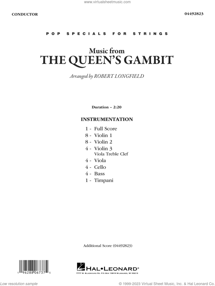 Music from The Queen's Gambit (arr. Robert Longfield) (COMPLETE) sheet music for orchestra by Robert Longfield and Carlos Rafael Rivera, intermediate skill level
