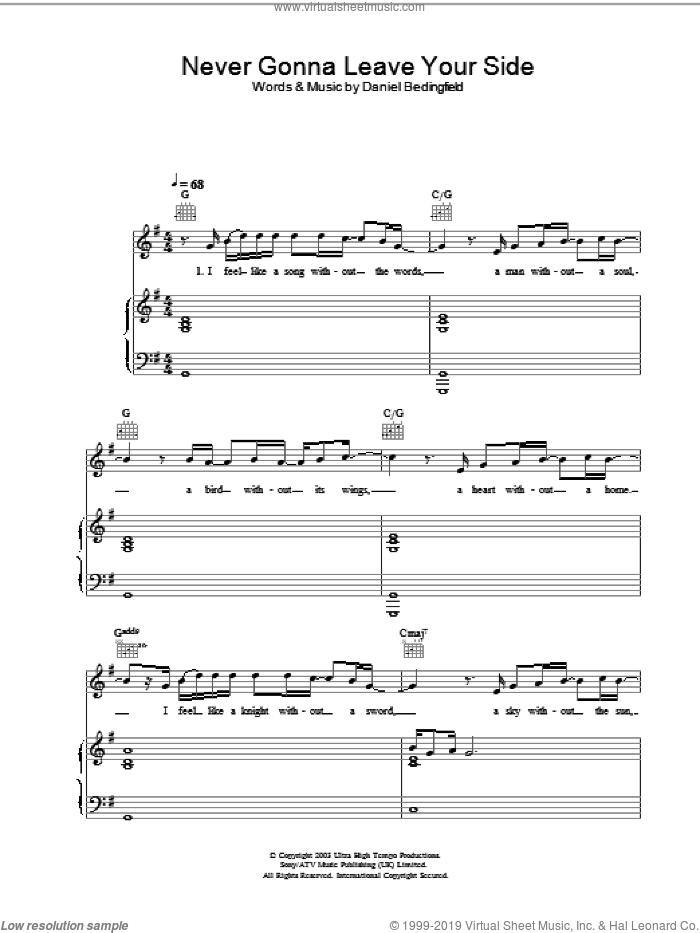 Never Gonna Leave Your Side sheet music for voice, piano or guitar by Daniel Bedingfield, intermediate skill level