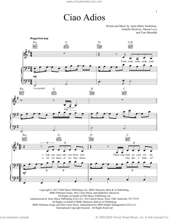 Ciao Adios sheet music for voice, piano or guitar by Anne-Marie, Anne-Marie Nicholson, Jennifer Decilveo, Mason Levy and Tom Meredith, intermediate skill level