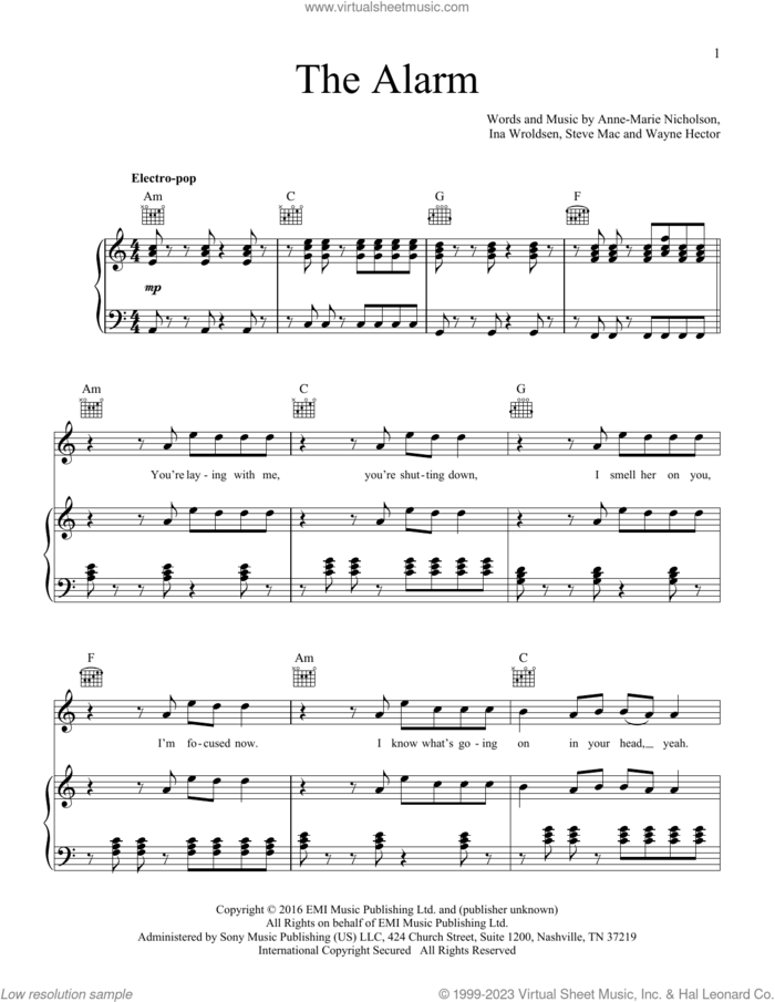 Alarm sheet music for voice, piano or guitar by Anne-Marie, Anne-Marie Nicholson, Ina Wroldsen, Steve Mac and Wayne Hector, intermediate skill level