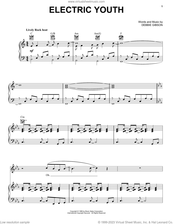 Electric Youth sheet music for voice, piano or guitar by Debbie Gibson, intermediate skill level