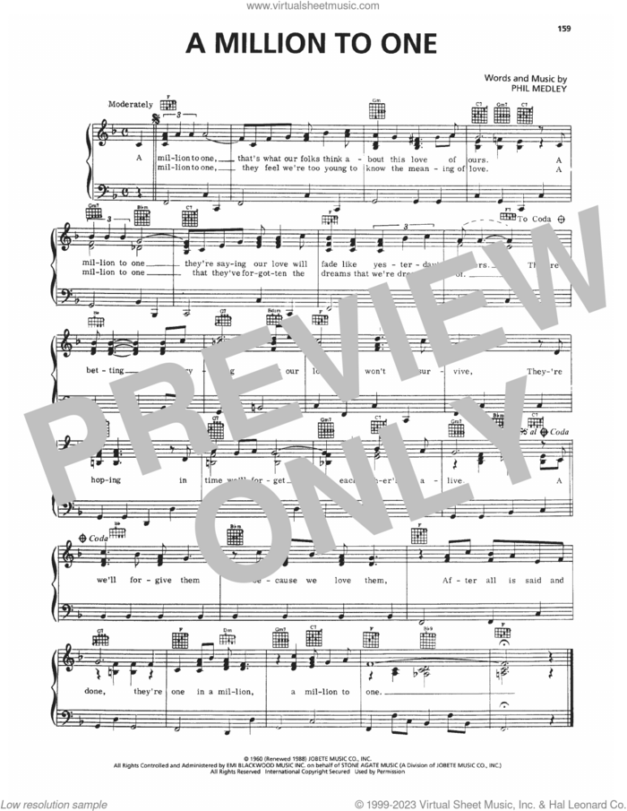 A Million To One sheet music for voice, piano or guitar by Jimmy Charles and Phil Medley, intermediate skill level