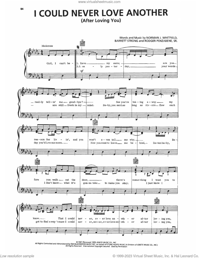 I Could Never Love Another (After Loving You) sheet music for voice, piano or guitar by Temptations, Barrett Strong, Norman Whitfield and Rodger Penzabene Sr., intermediate skill level
