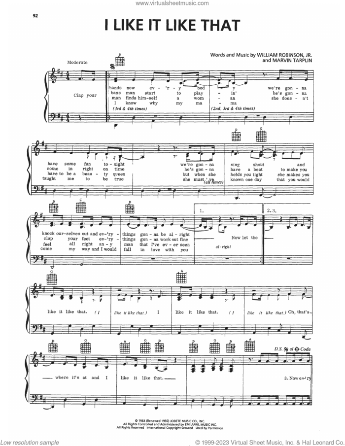 I Like It Like That sheet music for voice, piano or guitar by The Miracles, Marvin Tarplin and William Robinson, Jr., intermediate skill level