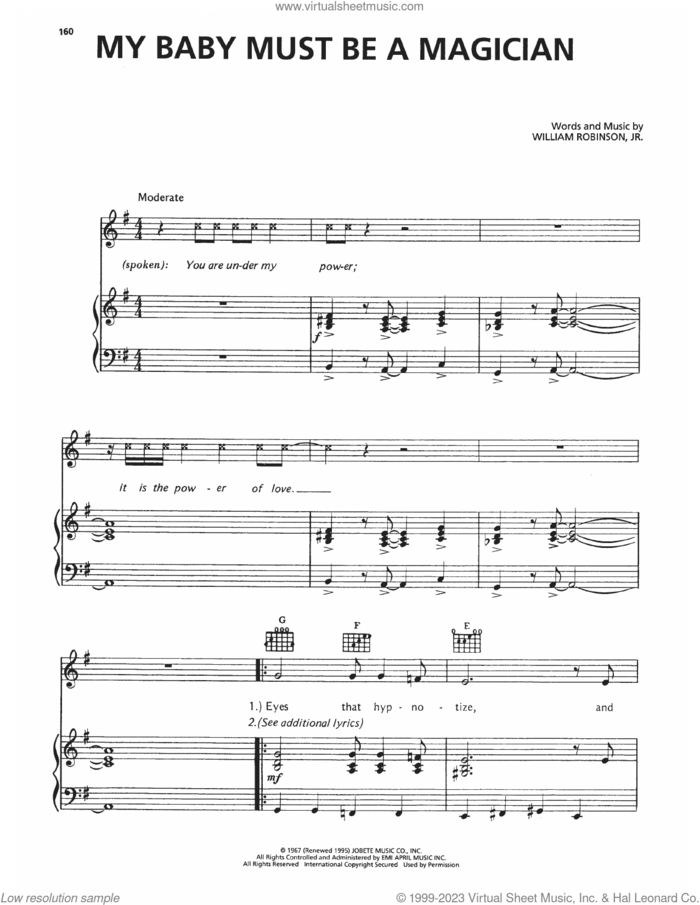 My Baby Must Be A Magician sheet music for voice, piano or guitar by The Marvelettes and William Robinson, Jr., intermediate skill level