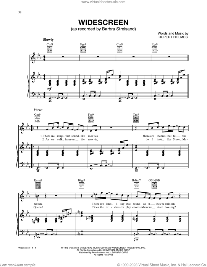 Widescreen sheet music for voice, piano or guitar by Rupert Holmes, intermediate skill level