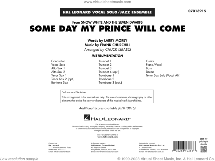Some Day My Prince Will Come (arr. Chuck Israels) (COMPLETE) sheet music for jazz band by Frank Churchill, Chuck Israels and Larry Morey, intermediate skill level