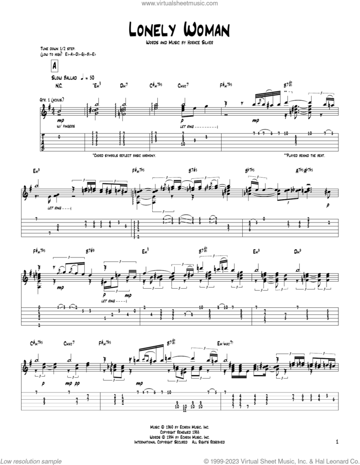 Lonely Woman sheet music for guitar (tablature) by Pat Metheny and Horace Silver, intermediate skill level