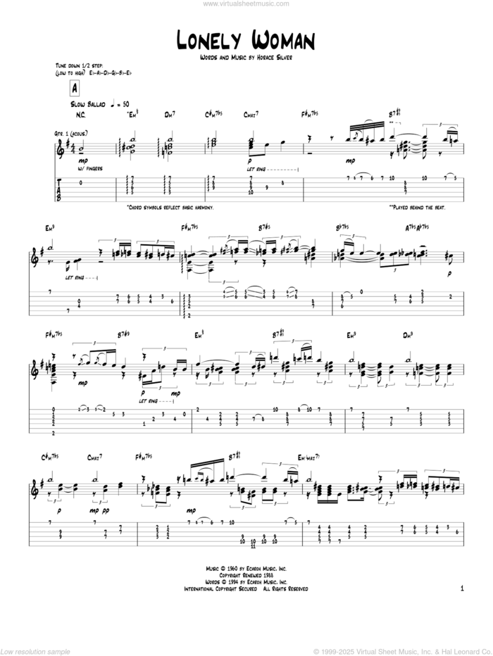 Lonely Woman sheet music for guitar (tablature) by Pat Metheny and Horace Silver, intermediate skill level