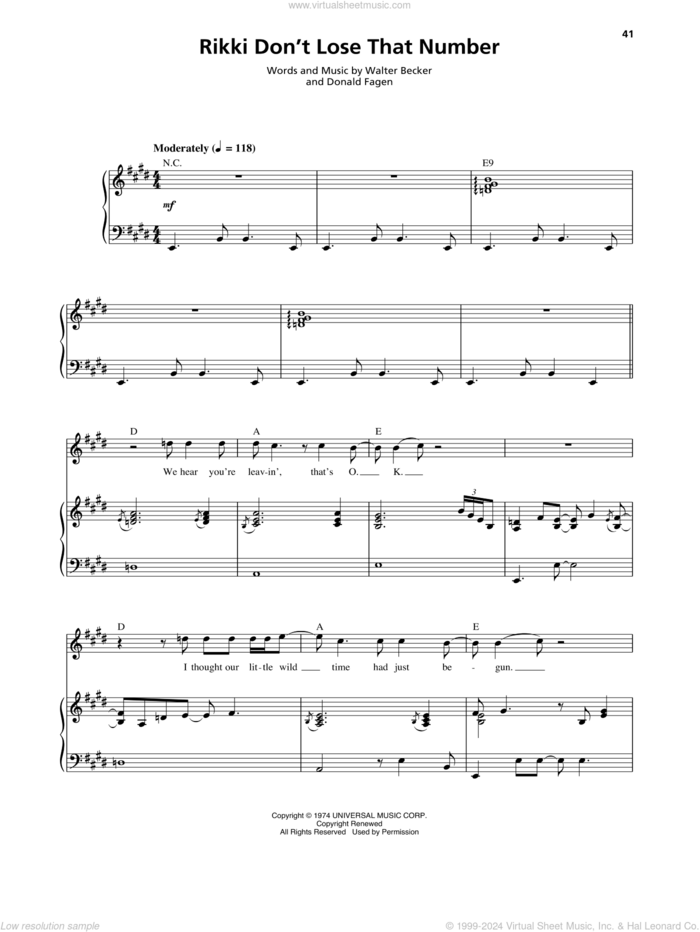 Rikki Don't Lose That Number sheet music for voice and piano by Steely Dan, Donald Fagen and Walter Becker, intermediate skill level