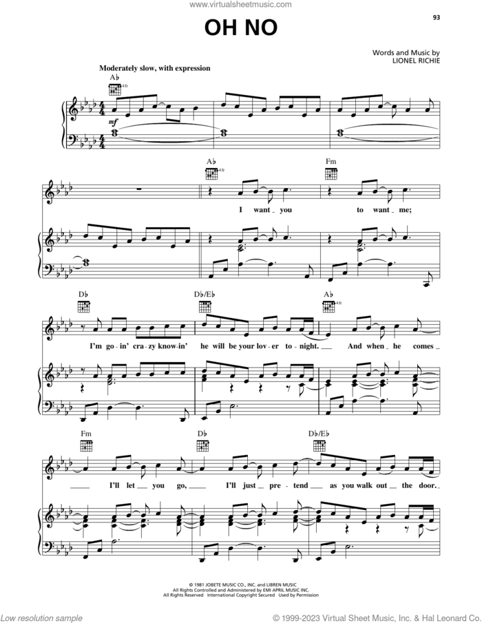 Oh No sheet music for voice, piano or guitar by Lionel Richie and The Commodores, intermediate skill level