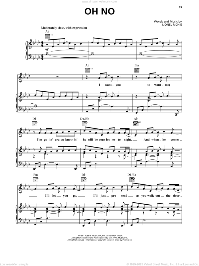 Oh No sheet music for voice, piano or guitar by Lionel Richie and The Commodores, intermediate skill level