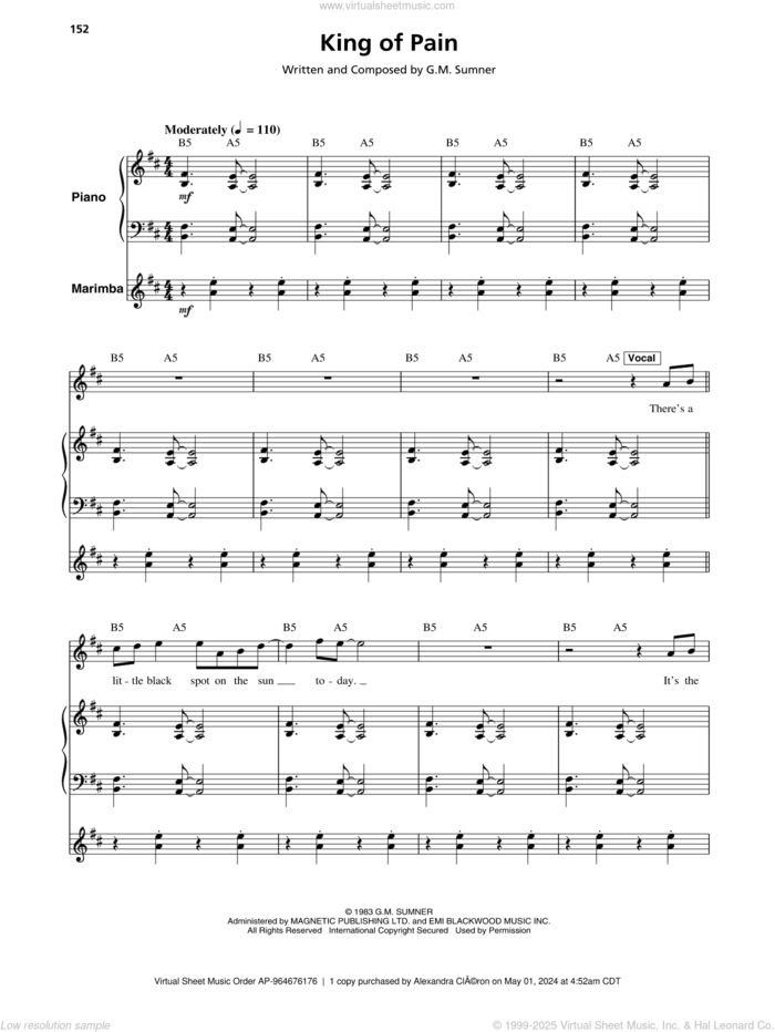 King Of Pain sheet music for keyboard or piano by The Police and Sting, intermediate skill level
