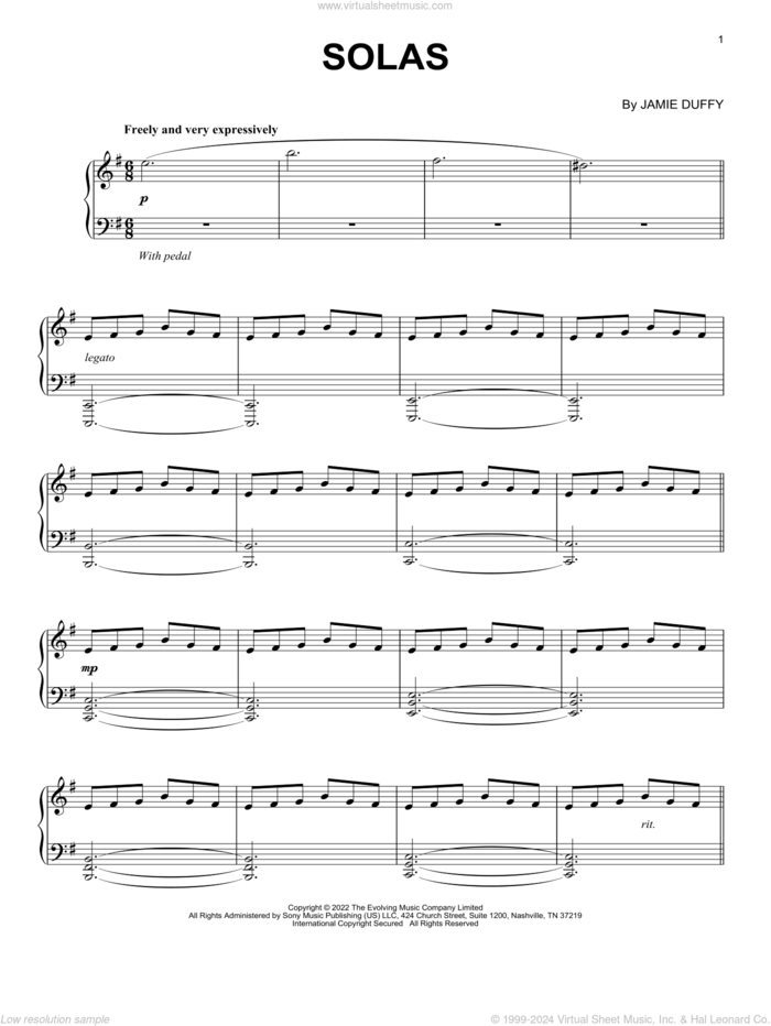 Solas sheet music for piano solo by Jamie Duffy, classical score, intermediate skill level