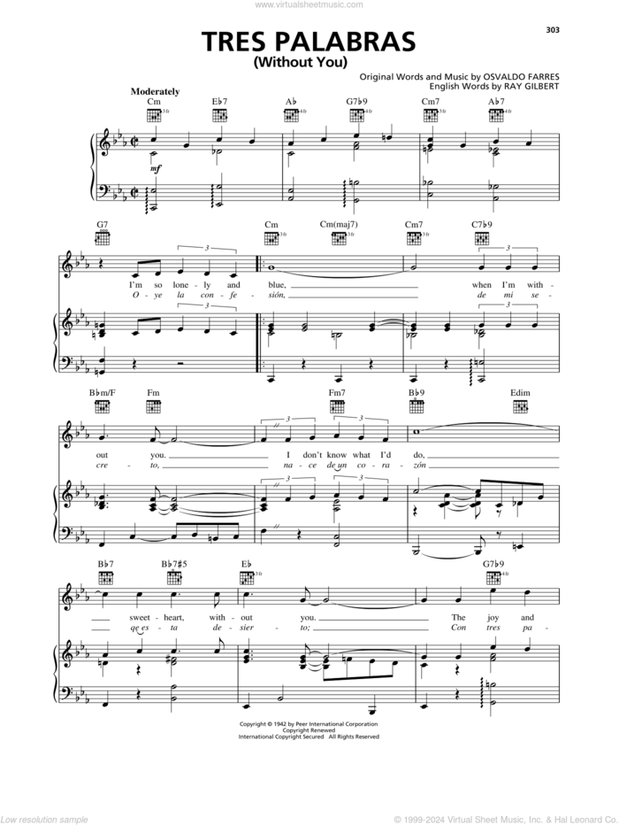 Tres Palabras (Without You) sheet music for voice, piano or guitar by Ray Gilbert and Osvaldo Farres, intermediate skill level