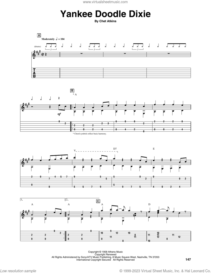 Yankee Doodle Dixie sheet music for guitar (tablature) by Chet Atkins, intermediate skill level