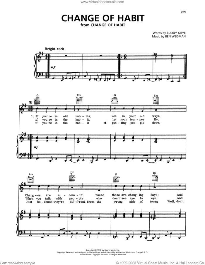 Change Of Habit sheet music for voice, piano or guitar by Elvis Presley, Ben Weisman and Buddy Kaye, intermediate skill level