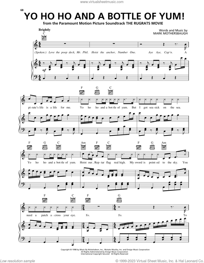 Yo Ho Ho And A Bottle Of Yum! (from The Rugrats Movie) sheet music for voice, piano or guitar by Mark Mothersbaugh, intermediate skill level