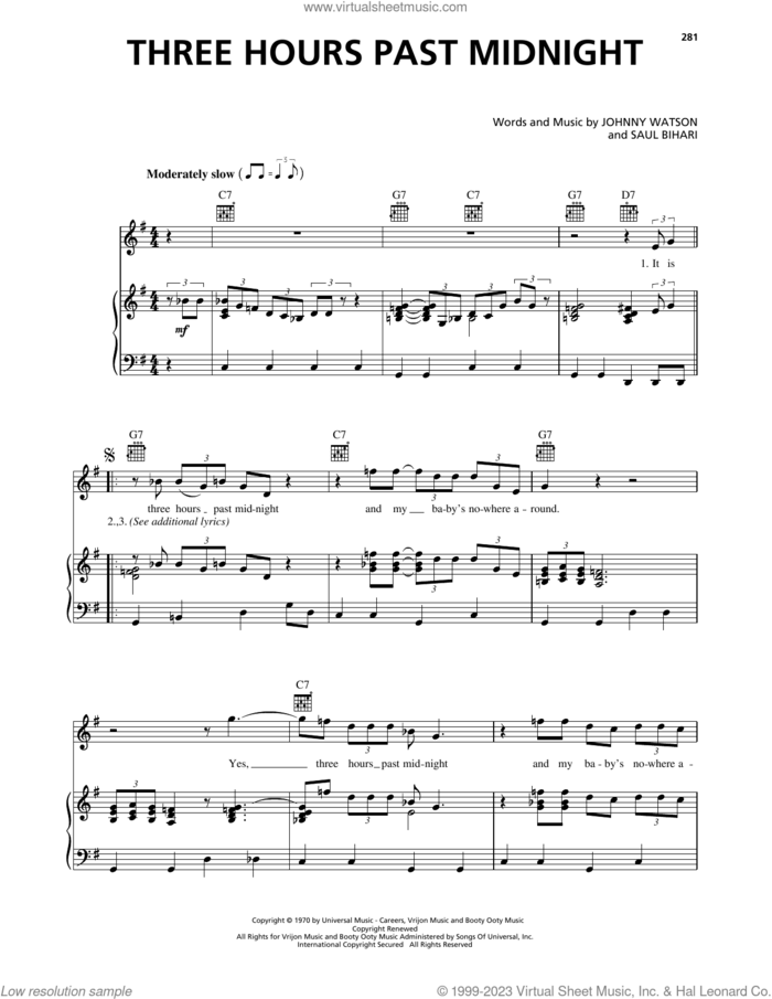 Three Hours Past Midnight sheet music for voice, piano or guitar by Johnny Watson and Saul Bihari, intermediate skill level