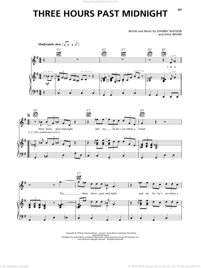 Three Hours Past Midnight sheet music for voice, piano or guitar by Johnny Watson and Saul Bihari, intermediate skill level