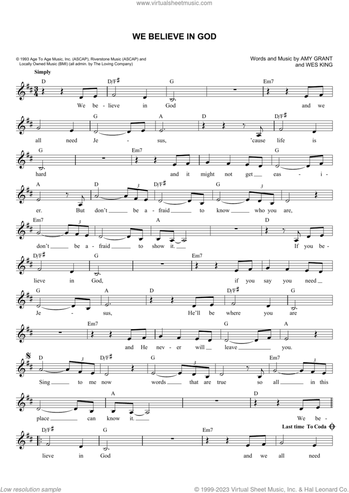 We Believe In God sheet music for voice and other instruments (fake book) by Amy Grant and Wes King, intermediate skill level