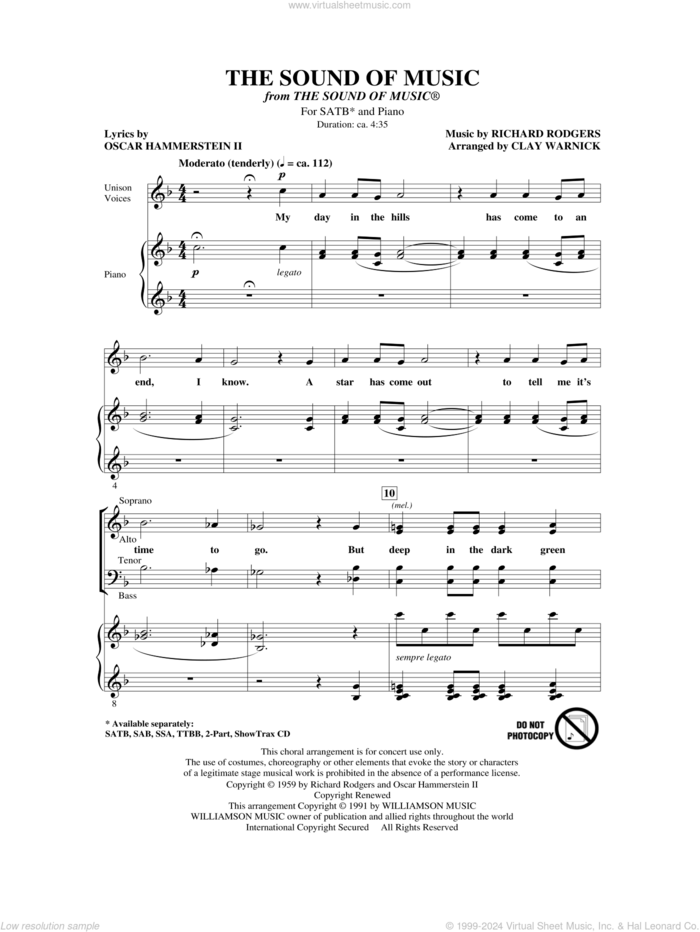 The Sound Of Music (arr. Clay Warnick) sheet music for choir (SATB: soprano, alto, tenor, bass) by Rodgers & Hammerstein, Oscar II Hammerstein, Richard Rodgers and Clay Warnick, intermediate skill level