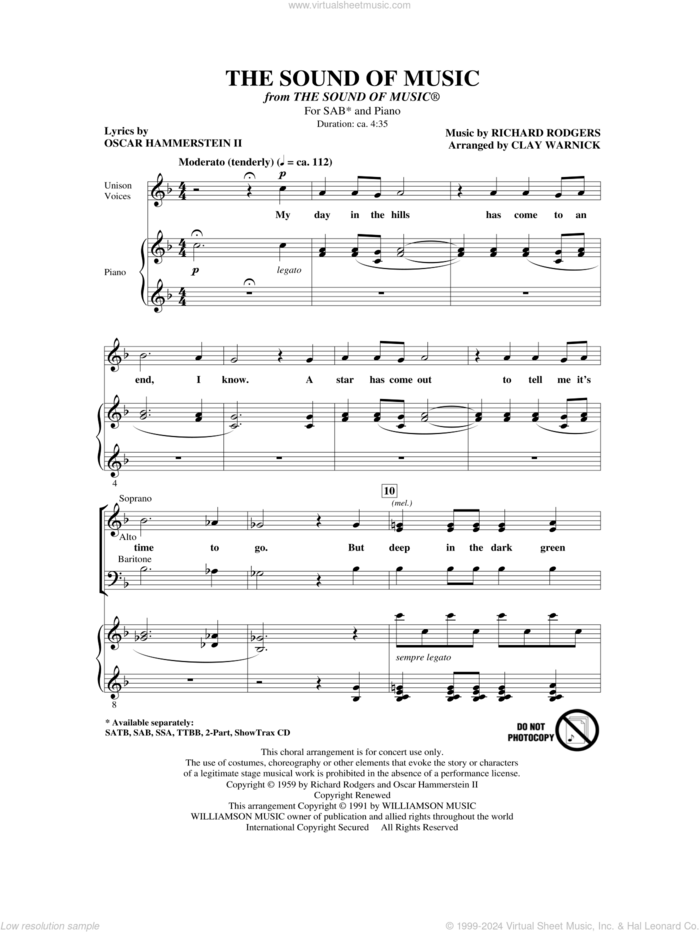 The Sound Of Music sheet music for choir (SAB: soprano, alto, bass) by Richard Rodgers, Oscar II Hammerstein and Clay Warnick, intermediate skill level