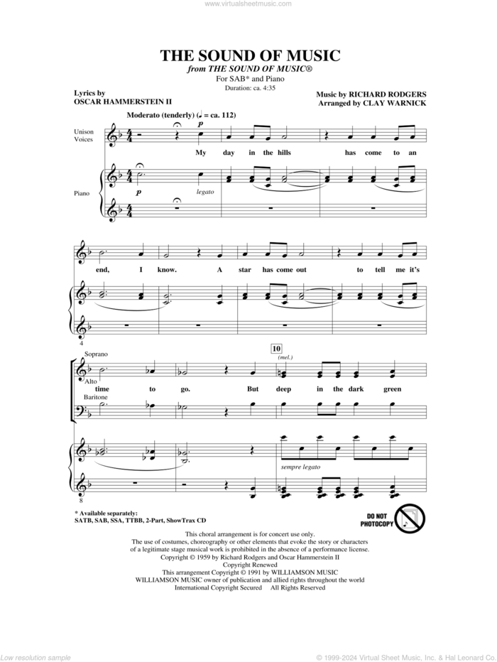 The Sound Of Music sheet music for choir (SAB: soprano, alto, bass) by Richard Rodgers, Oscar II Hammerstein and Clay Warnick, intermediate skill level