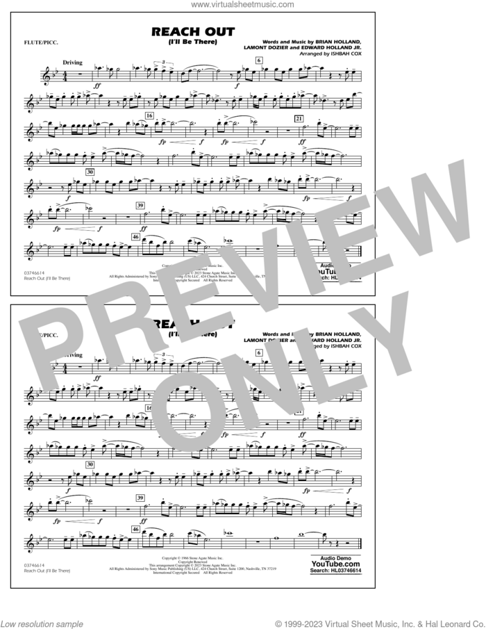 Reach Out (I'll Be There) (arr. Cox) sheet music for marching band (flute/piccolo) by Four Tops, Ishbah Cox, Brian Holland, Edward Holland Jr. and Lamont Dozier, intermediate skill level