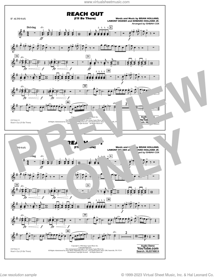 Reach Out (I'll Be There) (arr. Cox) sheet music for marching band (Eb alto sax) by Four Tops, Ishbah Cox, Brian Holland, Edward Holland Jr. and Lamont Dozier, intermediate skill level