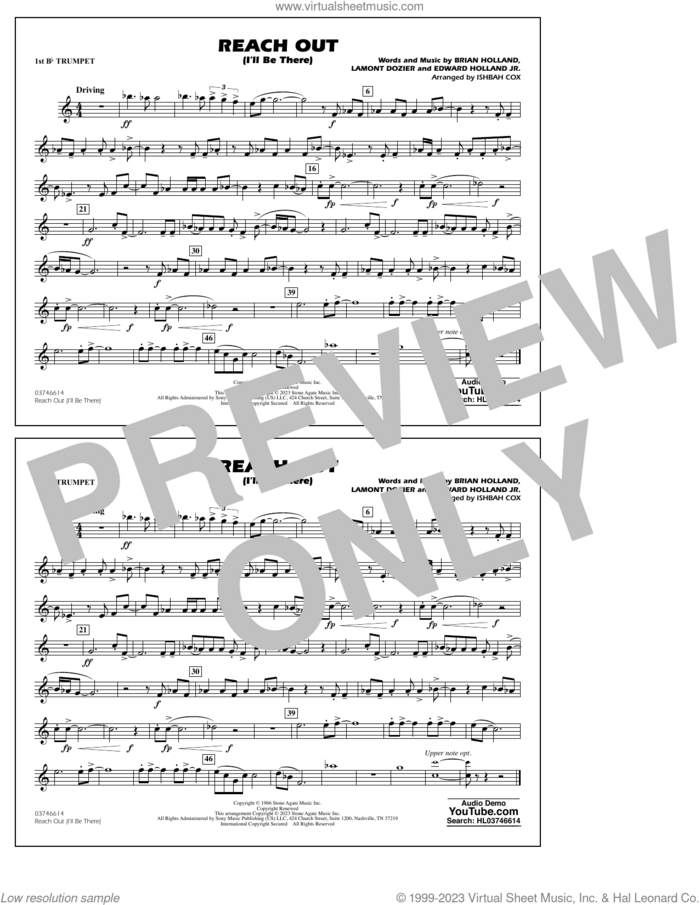 Reach Out (I'll Be There) (arr. Cox) sheet music for marching band (1st Bb trumpet) by Four Tops, Ishbah Cox, Brian Holland, Edward Holland Jr. and Lamont Dozier, intermediate skill level